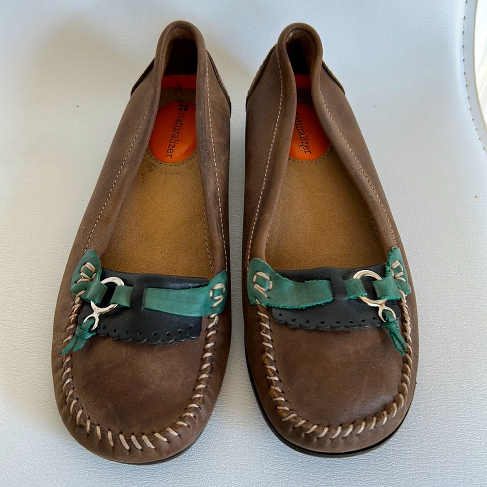 Naturalizer Brown Leather Moccasin Flats with Green Accent